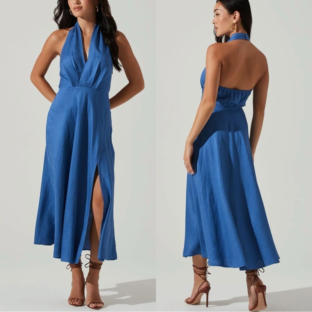 New Astr Revolve Keava Halter Midi Dress Linen Blue